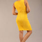 Brunette model is wearing a diva catwalk Lydia Sleeveless Mini Dress round neckline wrap style in sunshine yellow colour back image