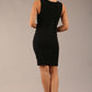 Brunette model is wearing a diva catwalk Lydia Sleeveless Mini Dress round neckline wrap style in black colour back image