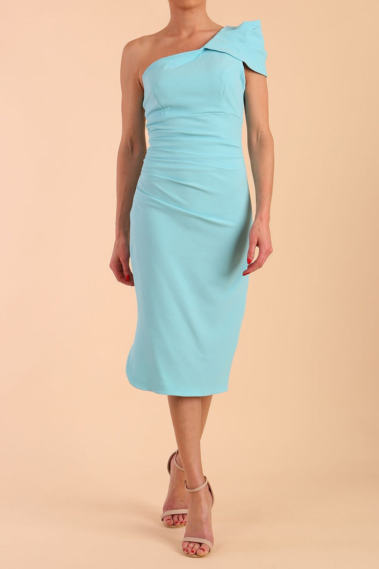 Brunette Model wearing diva catwalk Phoebe One Shoulder Pencil Dress in Turquoise