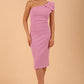 Brunette Model wearing diva catwalk Phoebe One Shoulder Pencil Dress in Dawn Pink