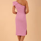Brunette Model wearing diva catwalk Phoebe One Shoulder Pencil Dress in Dawn Pink back