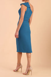 Brunette Model wearing diva catwalk Phoebe One Shoulder Pencil Dress in Tropical Teal