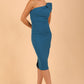 Brunette Model wearing diva catwalk Phoebe One Shoulder Pencil Dress in Tropical Teal front