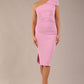 A Brunette Model is wearing a diva catwalk Phoebe One Shoulder Pencil Dress in knee length side vent - dawn pink front