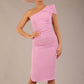 A Brunette Model is wearing a diva catwalk Phoebe One Shoulder Pencil Dress in knee length side vent - dawn pink front