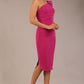 A Brunette Model is wearing a diva catwalk Phoebe One Shoulder Pencil Dress in knee length side vent - magenta front