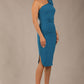 A Brunette Model is wearing a diva catwalk Phoebe One Shoulder Pencil Dress in knee length side vent - teal front 