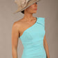 A Brunette Model is wearing a diva catwalk Phoebe One Shoulder Pencil Dress in knee length side vent - turquoise front close up with a hat