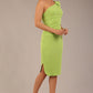 A Brunette Model is wearing a diva catwalk Phoebe One Shoulder Pencil Dress in knee length side vent - Lime green front side