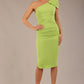 A Brunette Model is wearing a diva catwalk Phoebe One Shoulder Pencil Dress in knee length side vent - Lime green front