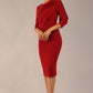 model wearing a diva catwalk Frieth Gathered Shoulder Dress 3/4 sleeves knee length with shoulder detail in rosewood red colour