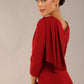 model wearing a diva catwalk Frieth Gathered Shoulder Dress 3/4 sleeves knee length with shoulder detail in rosewood red colour close up