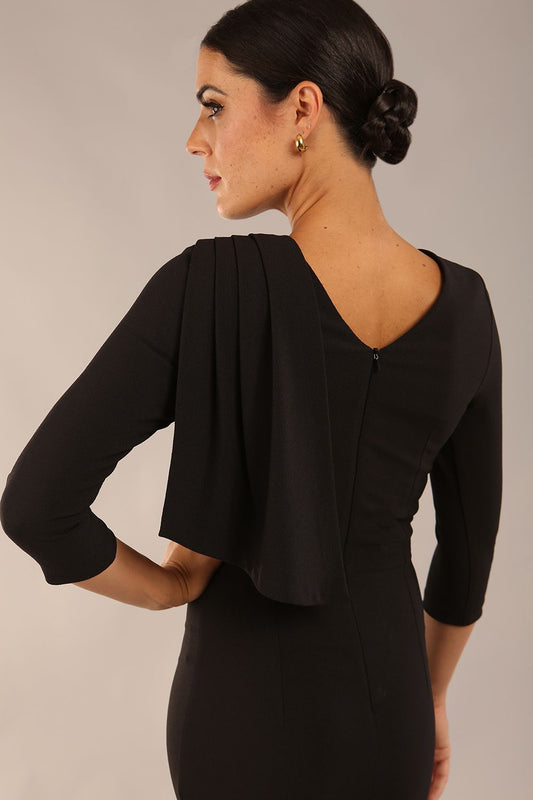 model wearing a diva catwalk Frieth Gathered Shoulder Dress 3/4 sleeves knee length with shoulder detail in black colour