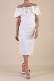 Model wearing diva catwalk Camilla dress in Ivory Cream front