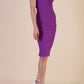 Model is wearing Brooke Cap Sleeve Pencil Dress in Couture Stretch Fabric with V Neckline and Hip Pleating in Amethyst Purple front side