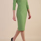 Model wearing diva catwalk Aurelia 3/4 Sleeve Knee Lenght Pencil Dress in Citus Green side