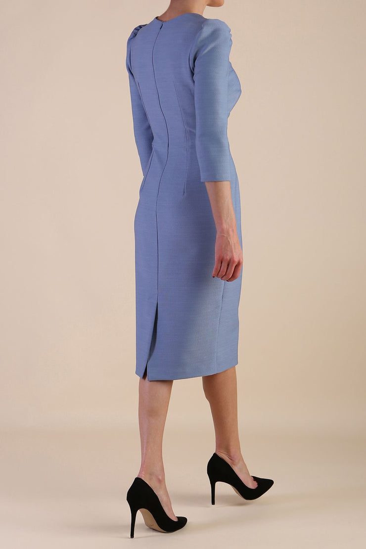 Model wearing diva catwalk Aurelia 3/4 Sleeve Knee Lenght Pencil Dress in Steel Blue side