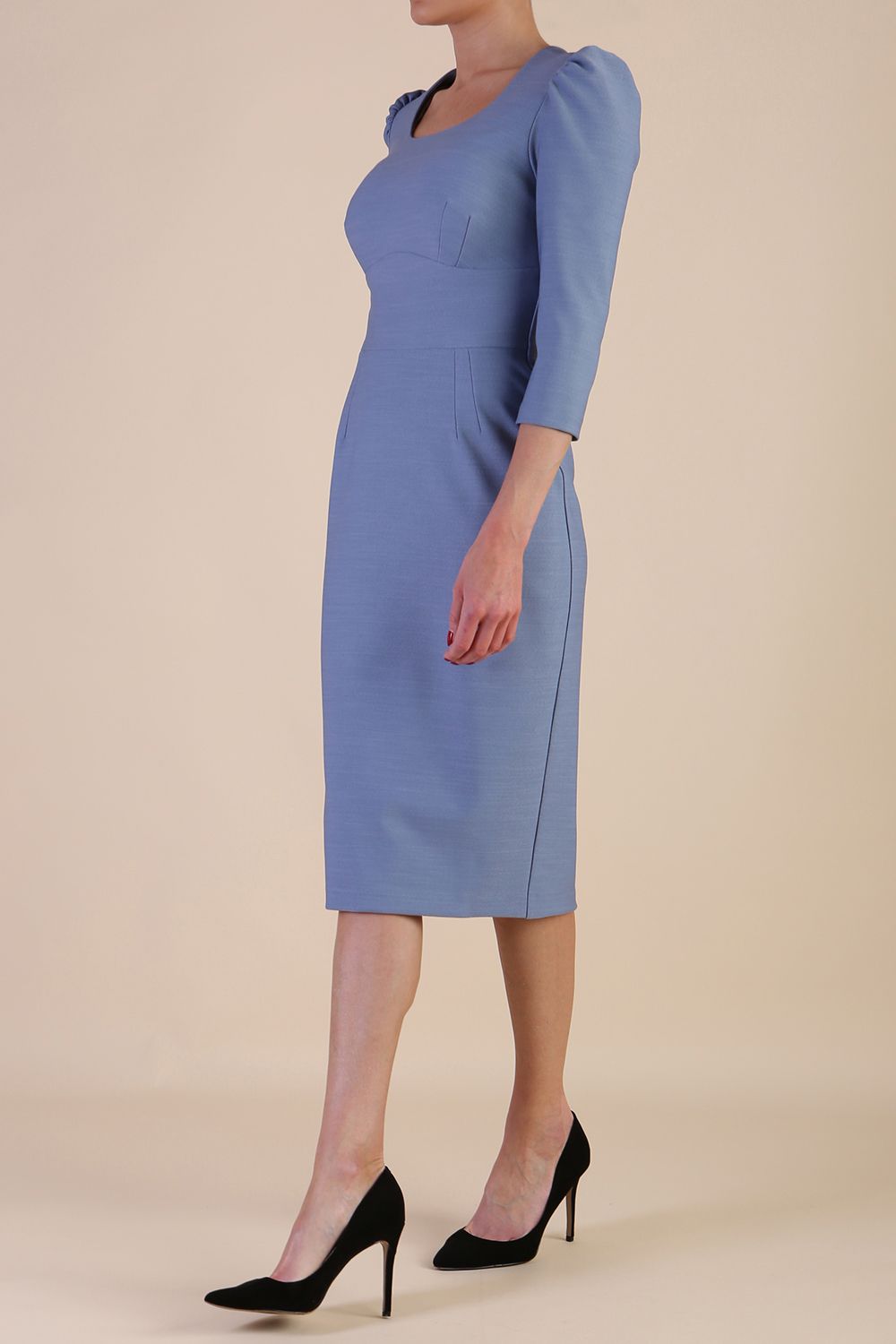 Model wearing diva catwalk Aurelia 3/4 Sleeve Knee Lenght Pencil Dress in Steel Blue side