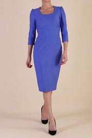 Model wearing diva catwalk Aurelia 3/4 Sleeve Knee Lenght Pencil Dress in Thistle Blue front