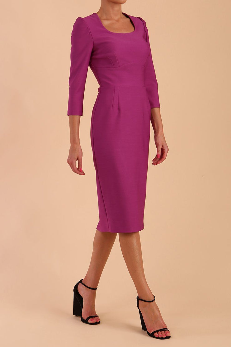 Model wearing diva catwalk Aurelia 3/4 Sleeve Knee Lenght Pencil Dress in Dawn Purple side
