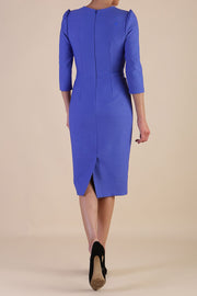 Model wearing diva catwalk Aurelia 3/4 Sleeve Knee Lenght Pencil Dress in Thistle Blue back