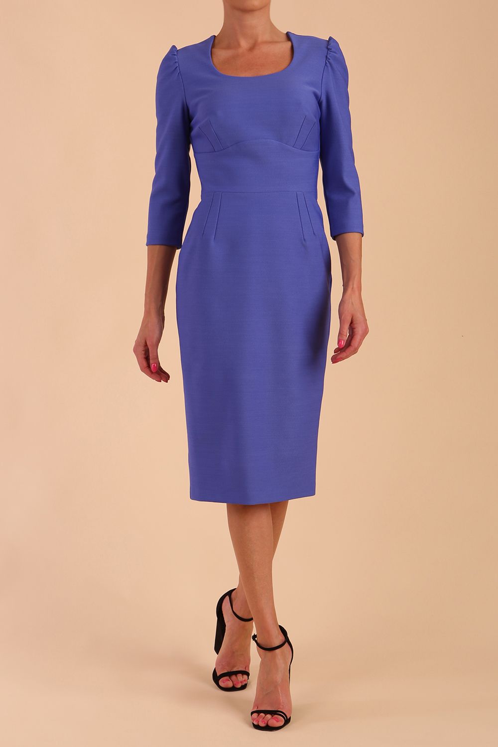 Model wearing diva catwalk Aurelia 3/4 Sleeve Knee Lenght Pencil Dress in Thistle Blue front