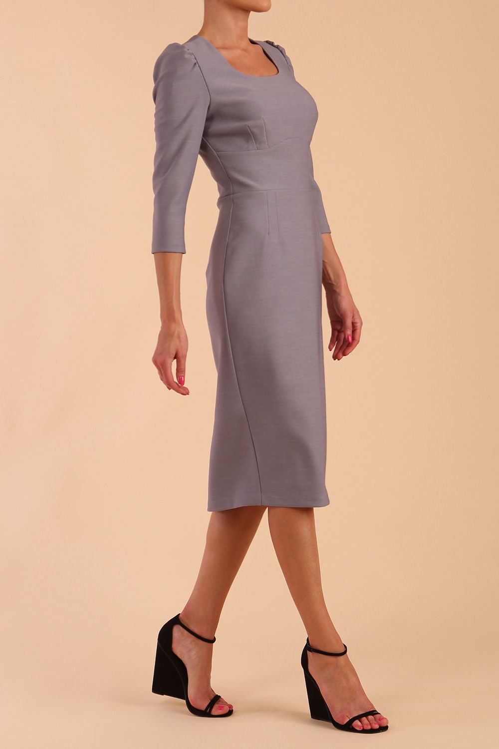 Model wearing diva catwalk Aurelia 3/4 Sleeve Knee Lenght Pencil Dress in Sky Grey side