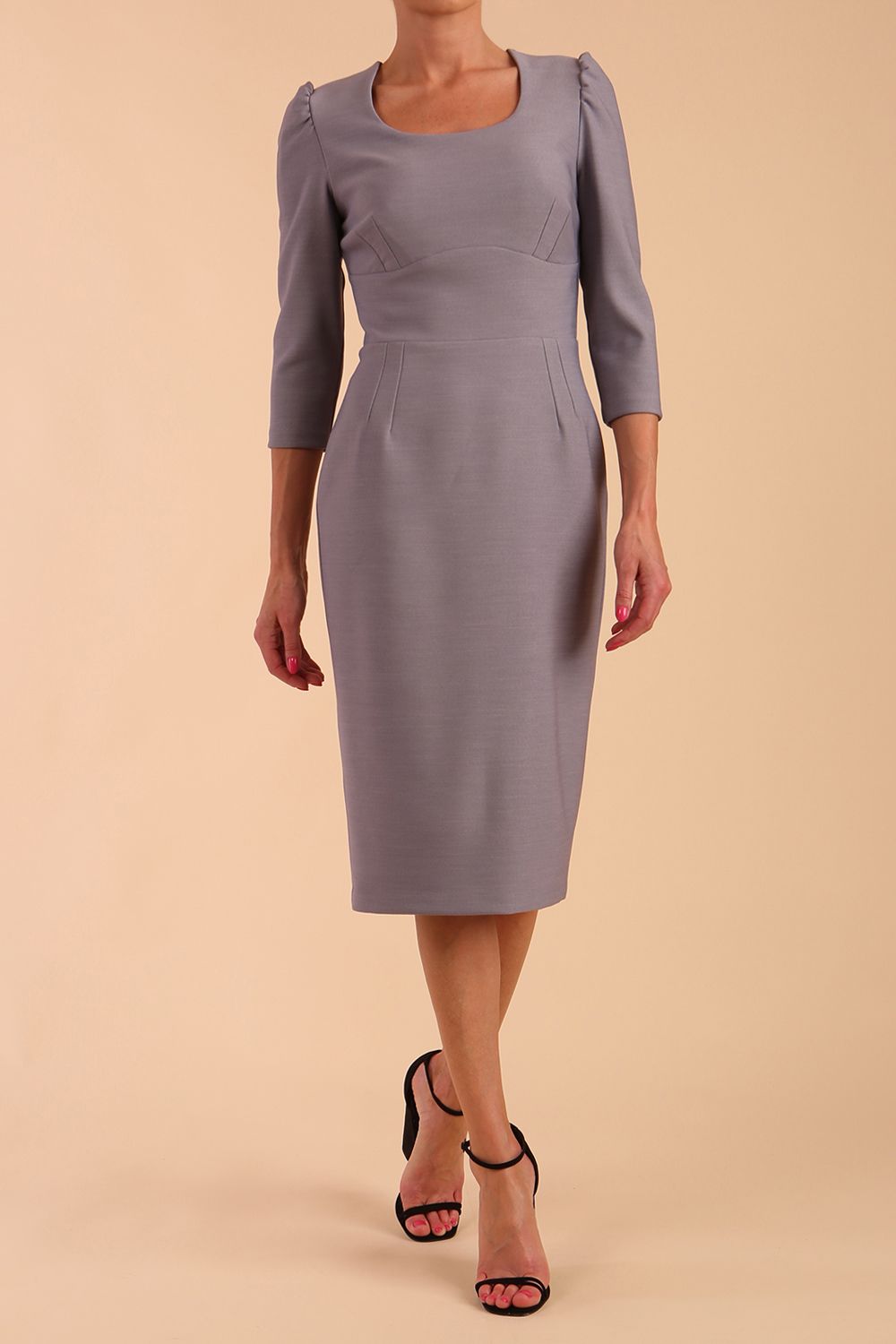 Model wearing diva catwalk Aurelia 3/4 Sleeve Knee Lenght Pencil Dress in Sky Grey front