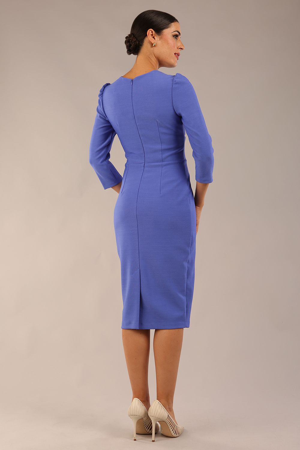 Model wearing diva catwalk Aurelia 3/4 Sleeve Knee Lenght Pencil Dress in Thistle Blue back