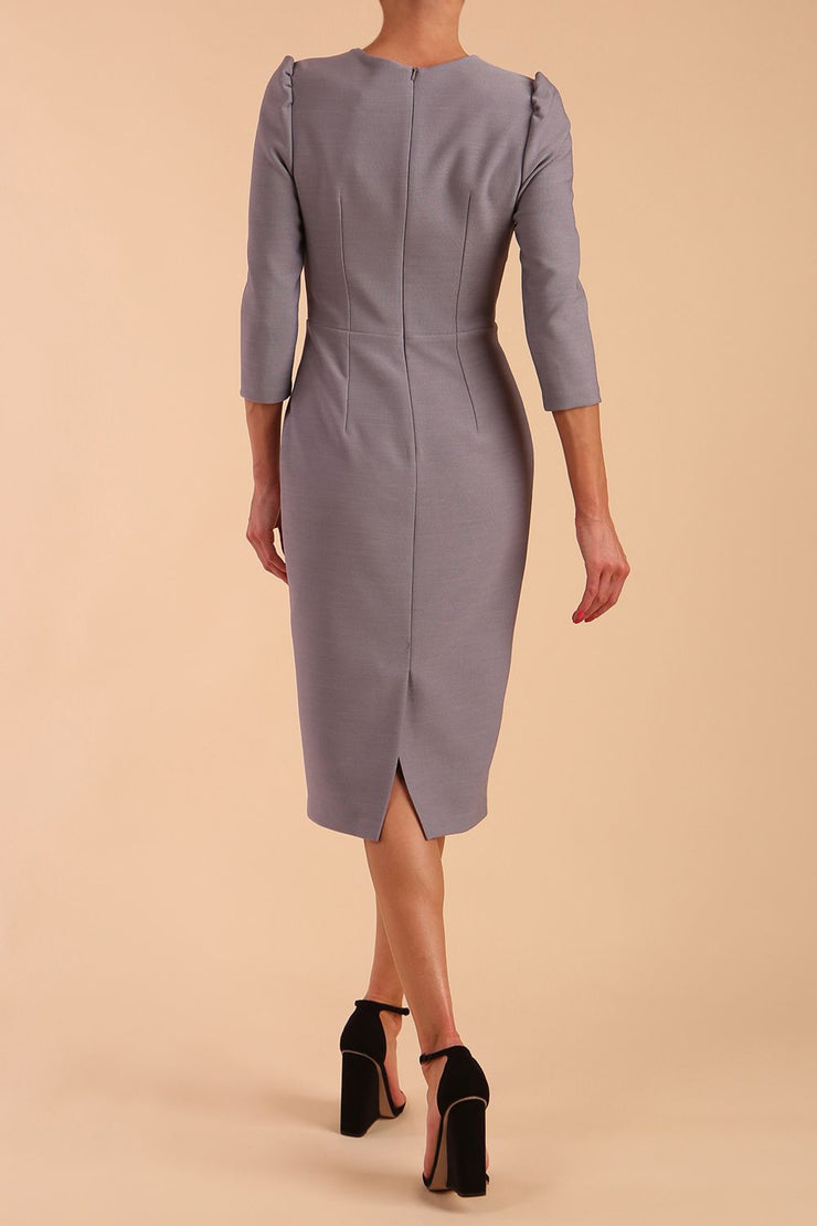 Model wearing diva catwalk Aurelia 3/4 Sleeve Knee Lenght Pencil Dress in Sky Grey back