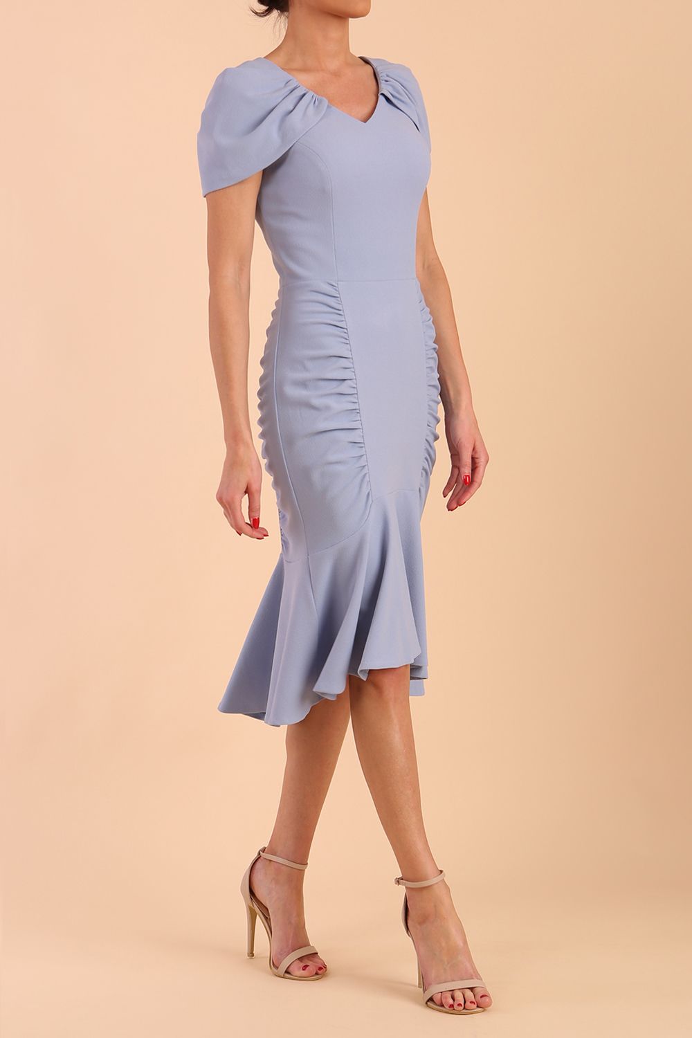 Model wearing diva catwalk Seraphina Fishtail skirt dress in Powder Blue front side