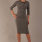 The model is wearing a diva catwalk Juliette 3/4 Sleeve Knee Length dress with bow detail in castlerock grey colour against a plain background