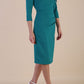 Model wearing diva catwalk Juliette 3/4 Sleeve Knee Length Pencil dress in Parasailing Green side