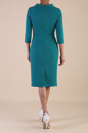 Model wearing diva catwalk Juliette 3/4 Sleeve Knee Length dress in Parasailing Green back