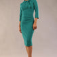 Model is wearing a diva catwalk Juliette 3/4 Sleeve Knee Length dress with bow detail in Parasailing green front