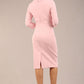 Model is wearing a diva catwalk Juliette 3/4 Sleeve Knee Length dress with bow detail in crystal pink colour back