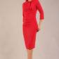 Model is wearing a diva catwalk Juliette 3/4 Sleeve Knee Length dress with bow detail in scarlet red colour