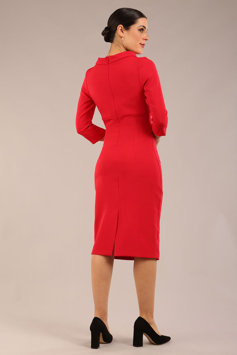 Model is wearing a diva catwalk Juliette 3/4 Sleeve Knee Length dress with bow detail in scarlet red colour back