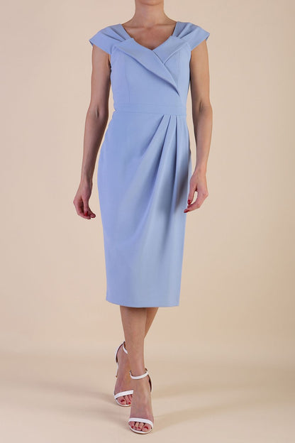 Model wearing diva catwalk Josephine pencil skirt dress in Powder Blue front
