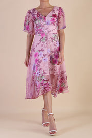Model wearing diva catwalk Petra Floral Print A-Line skirt dress front