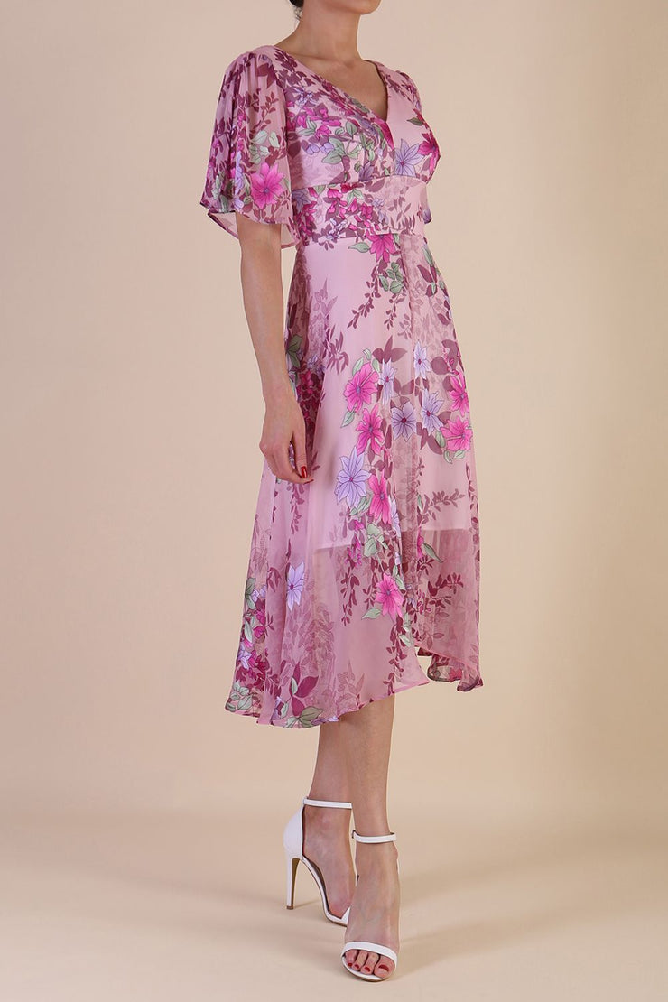 Model wearing diva catwalk Petra Floral Print A-Line skirt dress side
