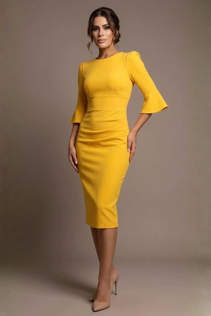 Santorini 3/4 Length Bell Sleeve Midi Pencil Dress 