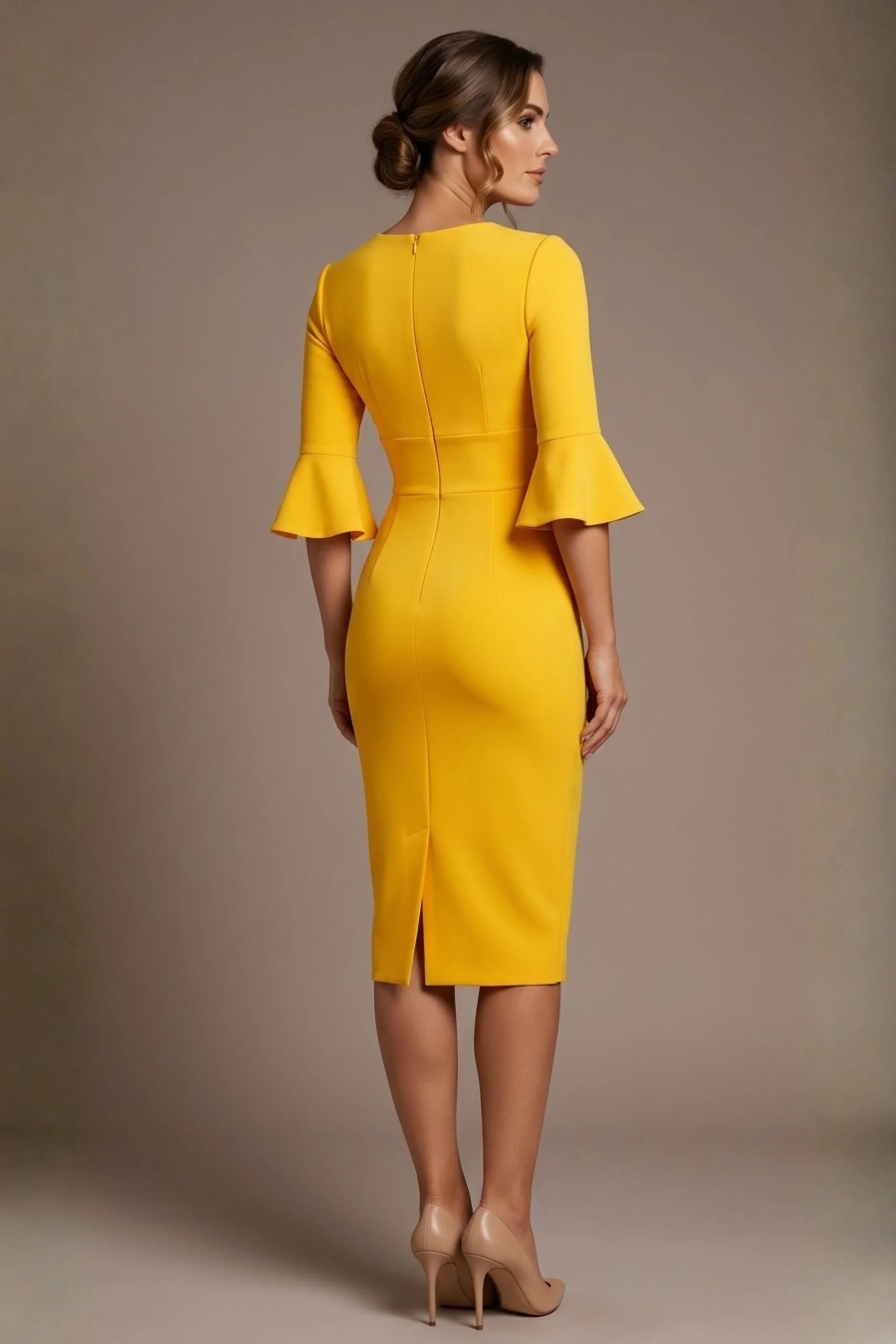 Santorini 3/4 Length Bell Sleeve Midi Pencil Dress 