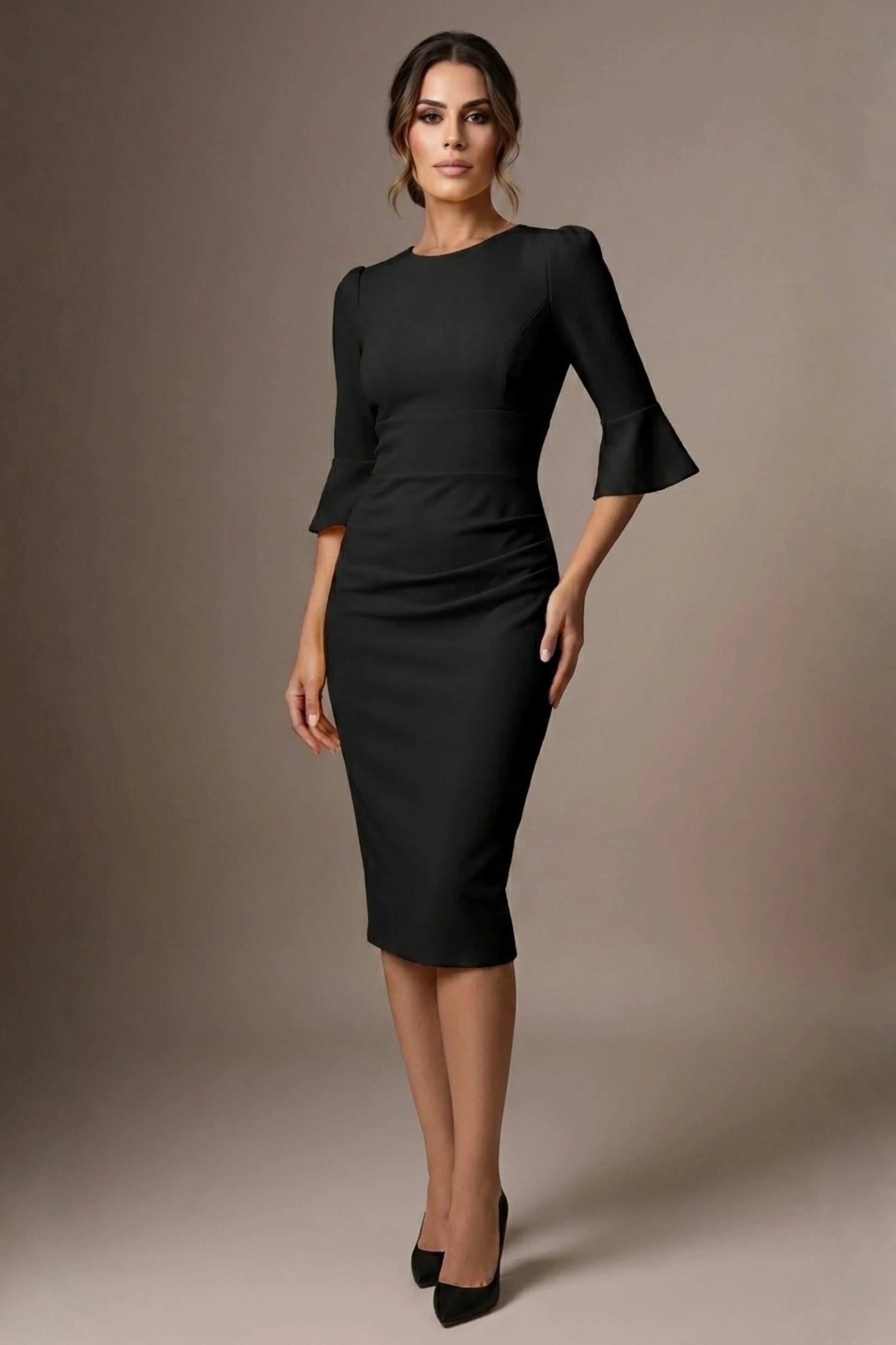 Santorini 3/4 Length Bell Sleeve Midi Pencil Dress 
