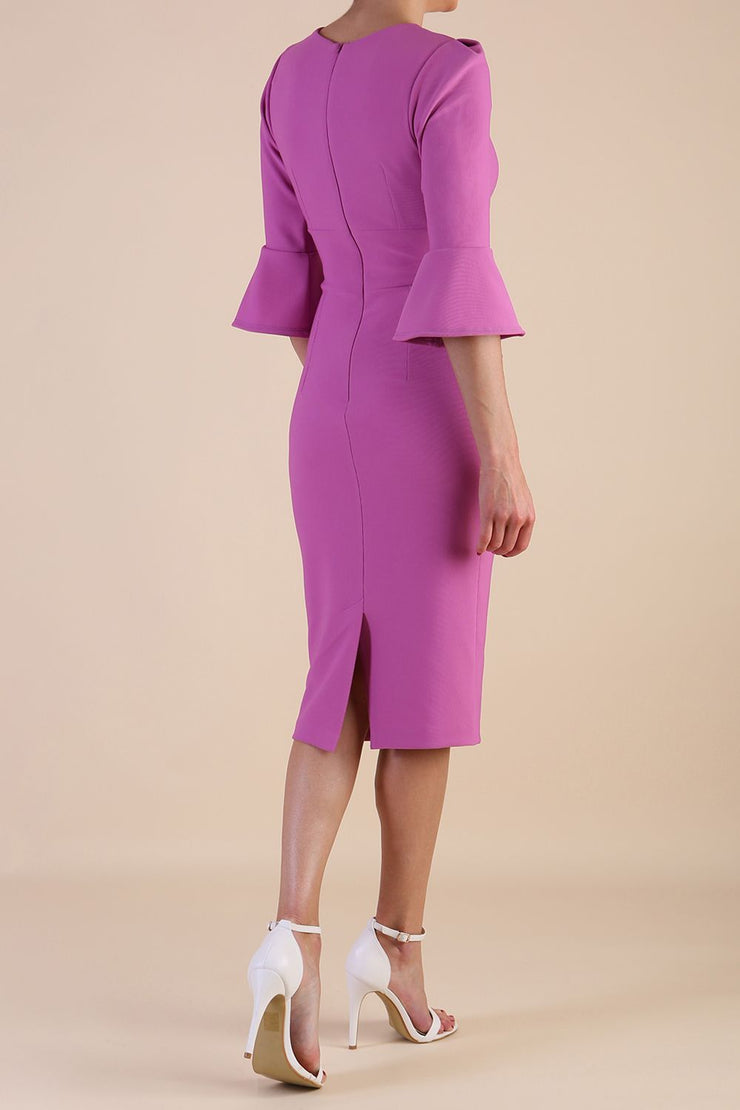 Model wearing diva catwalk Santorini 3/4 Length Bell Sleeve Midi Pencil Dress in Begonia Pink back