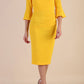 Model wearing diva catwalk Santorini 3/4 Length Bell Sleeve Midi Pencil Dress in Saffron Yellow front