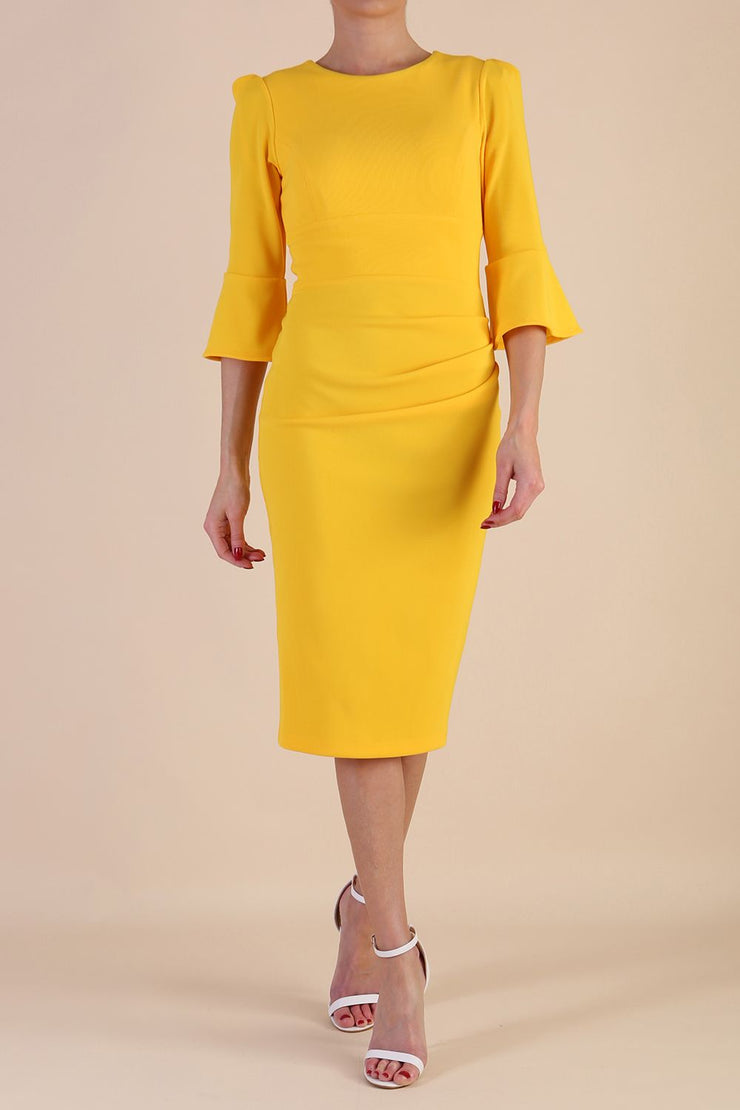 Model wearing diva catwalk Santorini 3/4 Length Bell Sleeve Midi Pencil Dress in Saffron Yellow front