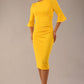 Model wearing diva catwalk Santorini 3/4 Length Bell Sleeve Midi Pencil Dress in Sunshine Yellow front