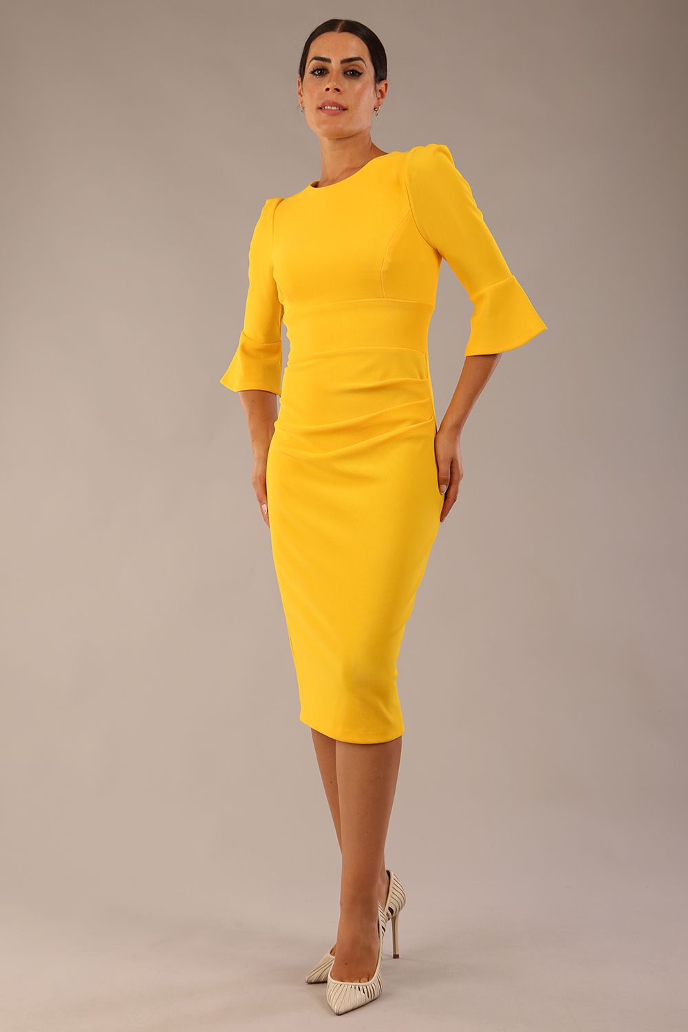 Model wearing diva catwalk Santorini 3/4 Length Bell Sleeve Midi Pencil Dress in Sunshine Yellow front