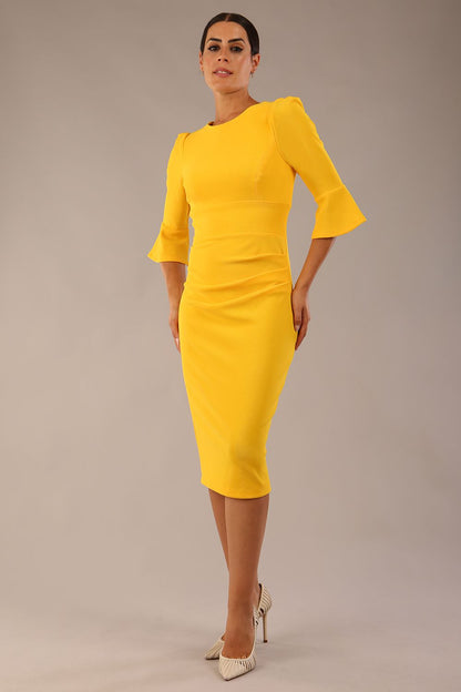 Model wearing diva catwalk Santorini 3/4 Length Bell Sleeve Midi Pencil Dress in Sunshine Yellow front